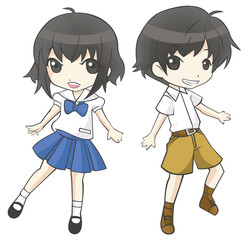 Cartoon Asian Thai student couple schoolgirl and schoolboy in high school uniform sprite super deformed characters are dancing with joy in isolated background, create by vector
