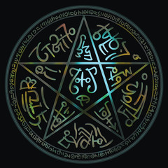 Shiny Pentagram emblem. Illustration a fantasy glossiness pentagram with magic symbols
