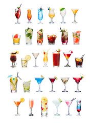 Set of popular alcoholic cocktails isolated on white 