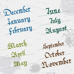 Months of the year, hand writing, Gothic