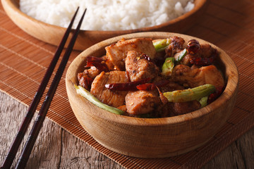 Kung pao chicken fillets in a bowl close up. Horizontal
