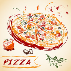 Vintage hand drawn Italian tasty sliced pizza. Vector illustration.