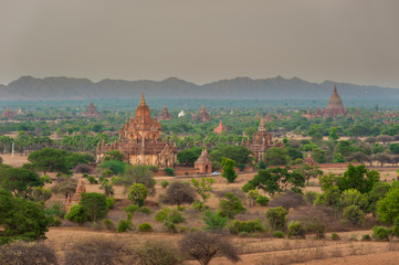 Pagoda landscape in the plain of Bagan, Myanmar