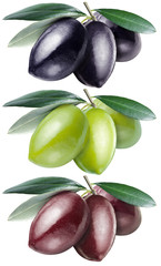 Green, black and kalamata olives with leaves on a white backgrou