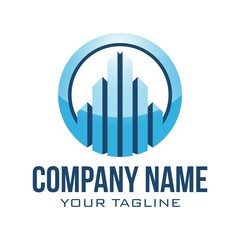 Real Estate Logo. Symbol concept for accounting or real estate company. Vector design with commercial building and chart bars. Business logo concept.