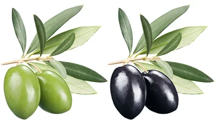 Foto auf Glas Green and black olives with leaves on a white background. © volff