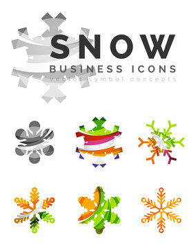 Set of abstract colorful snowflake logo icons, winter concepts