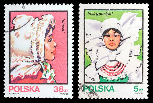 POLAND - CIRCA 1983: A set of postage stamps printed in the Poland, shows Girl in national dress, circa 1983
