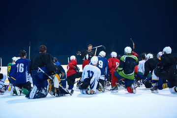 Naklejka premium ice hockey players team meeting with trainer