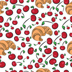 Vector seamless pattern of hand drawn red cherries and croissants