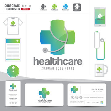 logo design medical healthcare or hospital and business card template with clean and modern flat pattern,Corporate identity,vector illustrator