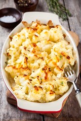 Cauliflower and cheese gratin in the baking dish