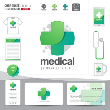 logo design medical healthcare or hospital and business card template with clean and modern flat pattern,Corporate identity,vector illustrator