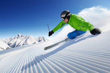Skier on pise in high mountains - obrazy, fototapety, plakaty