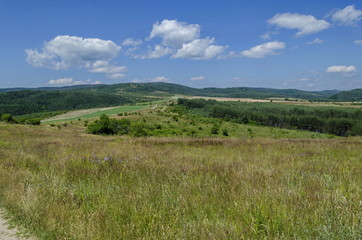 Background of sky, clouds, field  and forest, Plana mountain, Bulgaria  