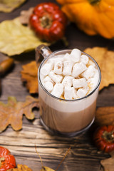 Pumpkin latte with marshmallows. Selective focus