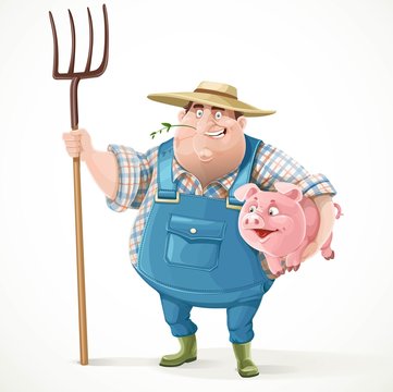 Thick old farmer in overalls and a straw hat holding a pitchfork