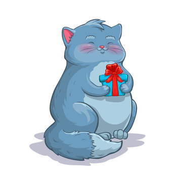Cute cartoon fat grey cat with gift box