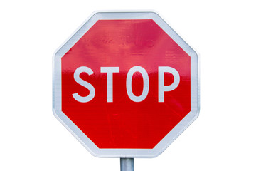Stop sign photo isolated on white background, red stop roadsign, government shutdown, economic crisis symbol