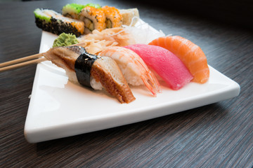 Sushi served in a japanese restaurant