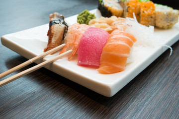 Sushi served in a japanese restaurant