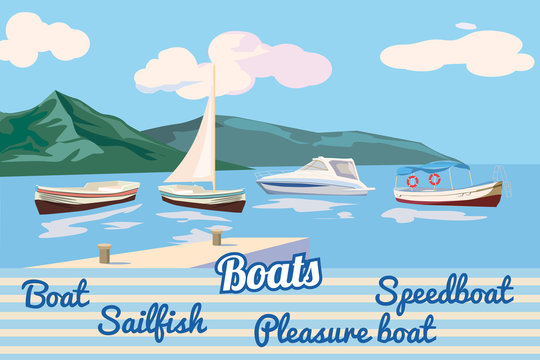 Set against the backdrop of boats and the sea landscape of mountains, boat, sailing, pleasure boat, speed boat