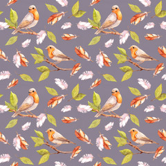 Bird on branch and feathers. Seamless pattern. Watercolor