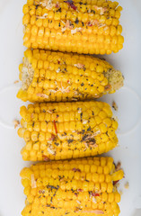 Roasted sweet corn on the cob on white plate