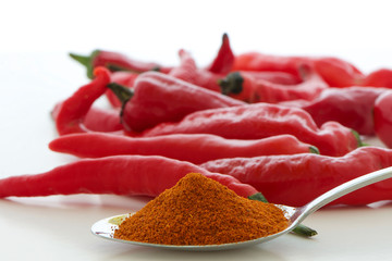 Heap of tablespoon of Cayenne powder with pepper chilli background
