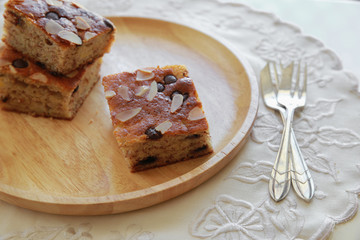 Homemade banana chocolate chip almond tea cake