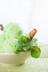 Mint ice cream in bowl