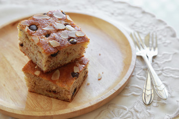 Homemade banana chocolate chip almond tea cake
