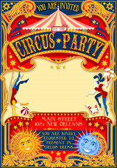 Circus Show Retro Template Party Invitation. Cartoon Poster for Kid Birthday Party. Carnival Festival Theme Background Acrobatics Cabaret Vintage vector. Acrobat Clown Strip Card Game Illustration. - 92347819