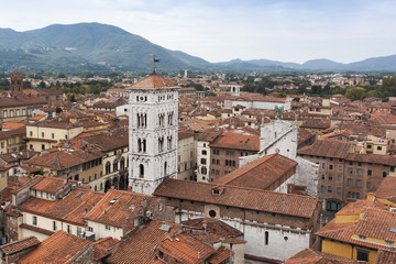 Fototapeta na wymiar Der Dom und der Turm in Lucca, mit den Bergen