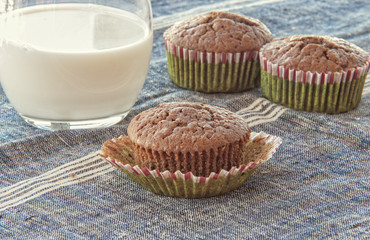 Chocolate muffin close up with glass of milk