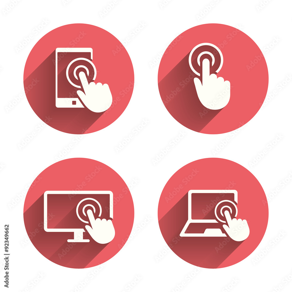 Poster touch screen smartphone. hand pointer symbols.