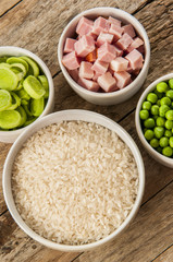 Raw ingredients for risotto top view close up