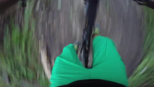 4K POV MTB super view cyclist riding dowhill with freeride bike