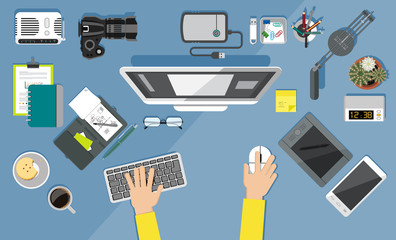 Office equipment icons. Flat design style. Workplace from top view. Set of office related items. 