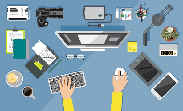 Office Equipment Icons. Flat Design Style. Workplace From Top View. Set Of Office Related  Items. 