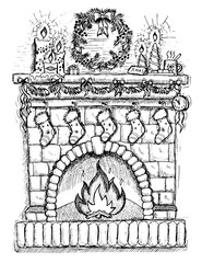 Drawing of fire place with Christmas decorations