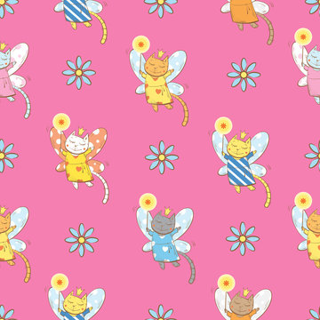 Vector seamless pattern with fairies cats and flowers on a pink background. © voron4ihina