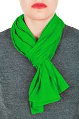 Silk scarf. Green silk scarf around her neck isolated on white background.