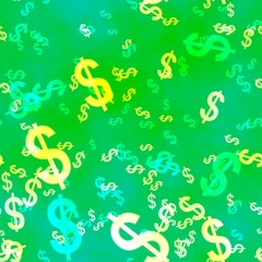 yellow dollars irregulary placed on green background - financial seamless pattern texture