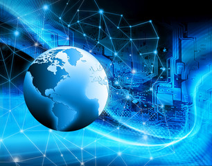 World map on a technological background, glowing lines symbols