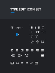 Pack of type editing icons. Icon set. Icons for text, type, character, pharagraph editing. Administrator icons.