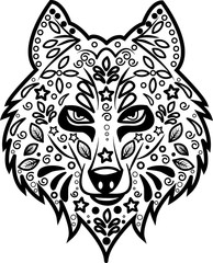 vector illustration of a decorated black and white wolf's  head