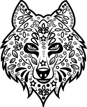 vector illustration of a decorated black and white wolf's  head