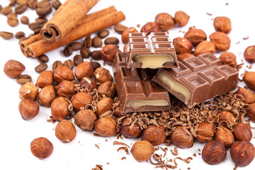 Chocolate, nuts and cinnamon sticks on white background.