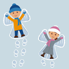 Children lying on snow as snow angels. New Year holidays